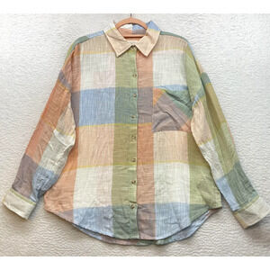 Billabong Shirt Womens Large Multicolor Plaid Pastel Button Up Cotton Beach